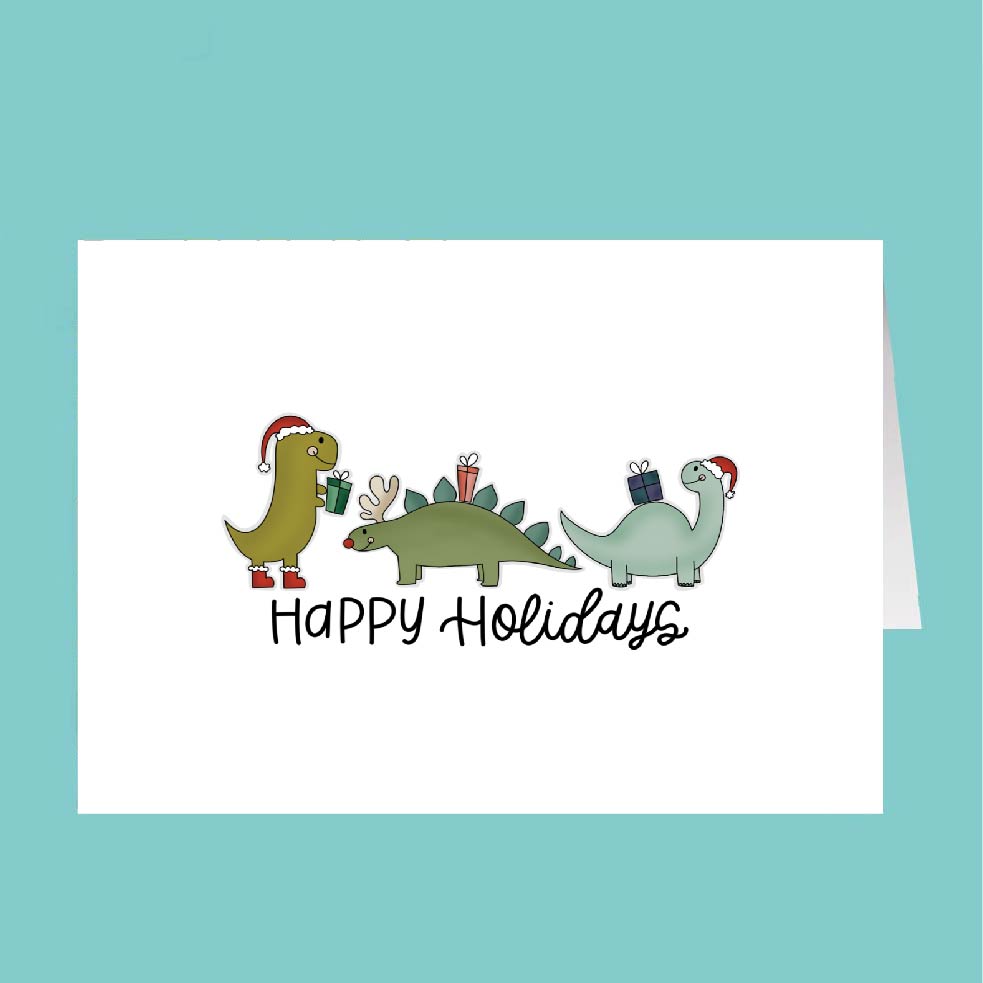 Card with cartoon dinosaurs wearing Christmas hats and holding presents, text 'Happy Holidays' on a teal background.