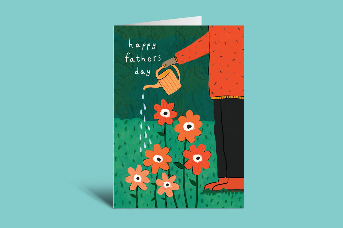 Father's Day card with a person watering flowers on a green background