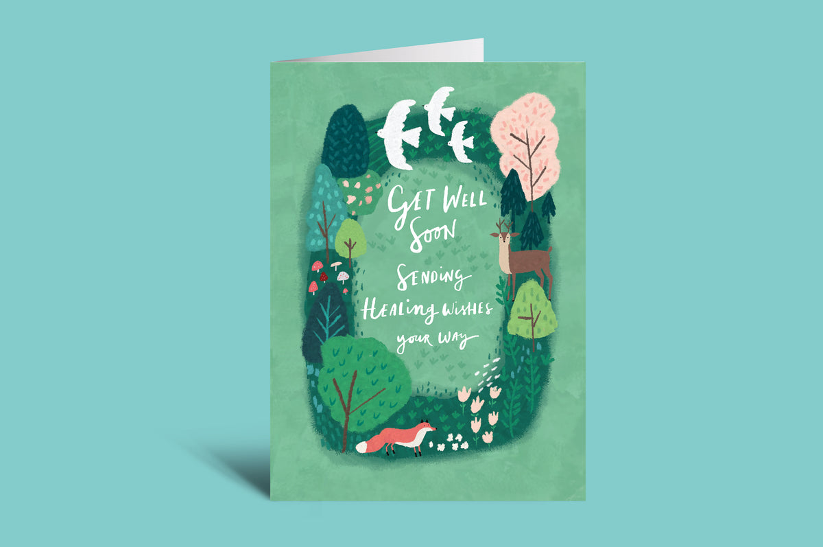 Greeting card with nature-themed illustration and text on a green background