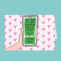 Cartoon hand holding a phone with text on a heart-patterned background