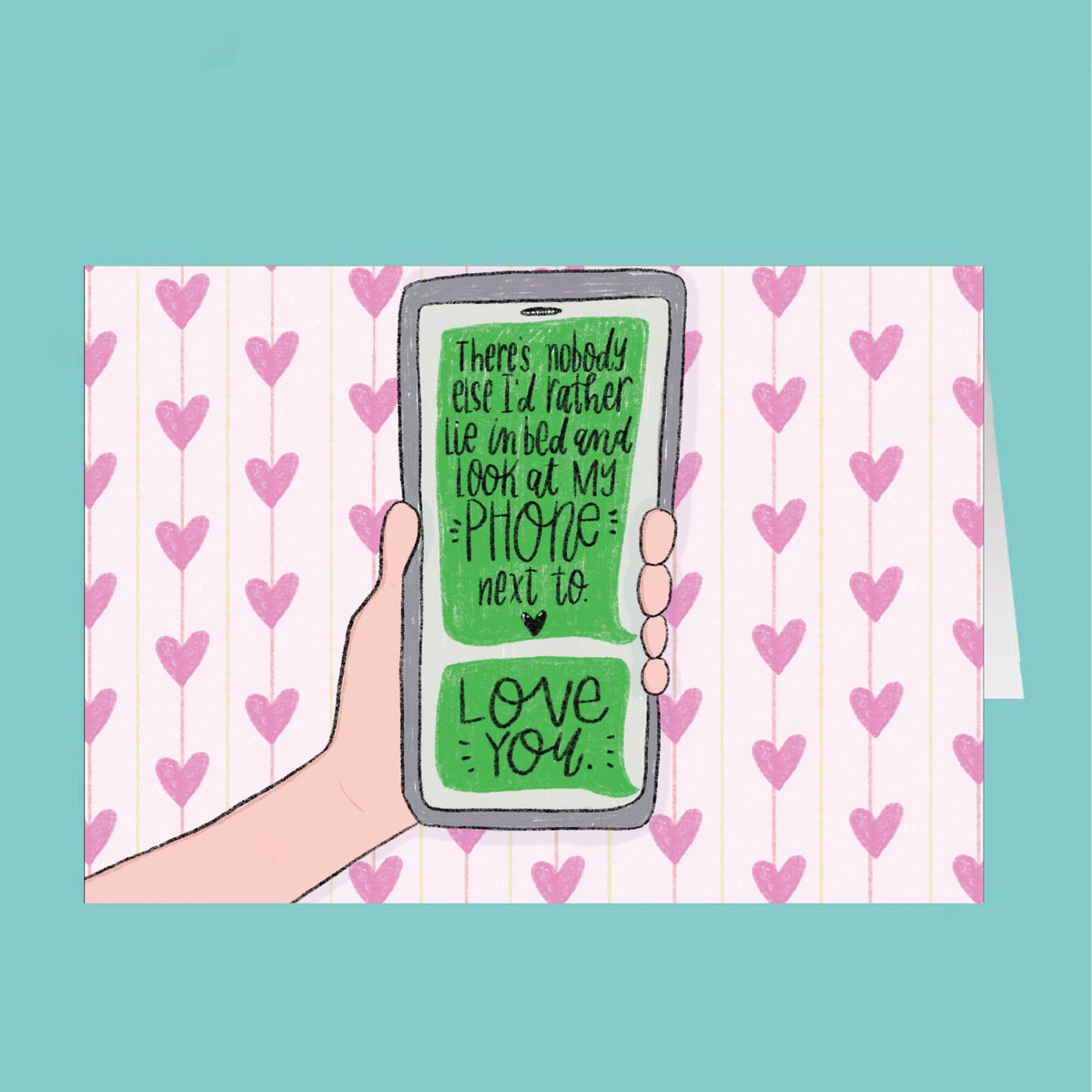 Cartoon hand holding a phone with text on a heart-patterned background