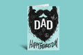 Father's Day card with beard design and 'DAD' text on a green background