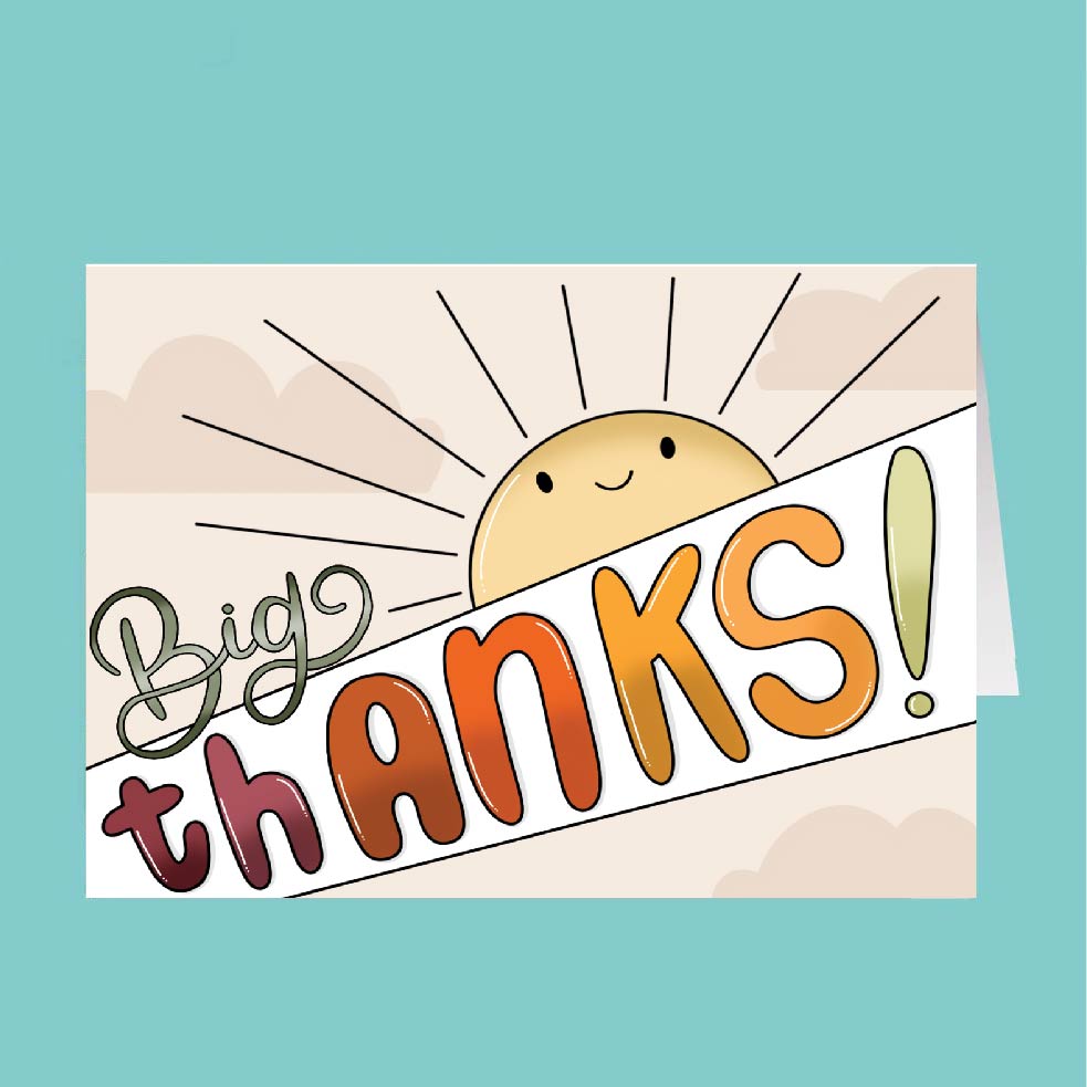 Card with a sun and 'Big Thanks!' text on a teal background