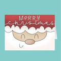 Cartoon Santa face with 'Merry Christmas' text on a teal background