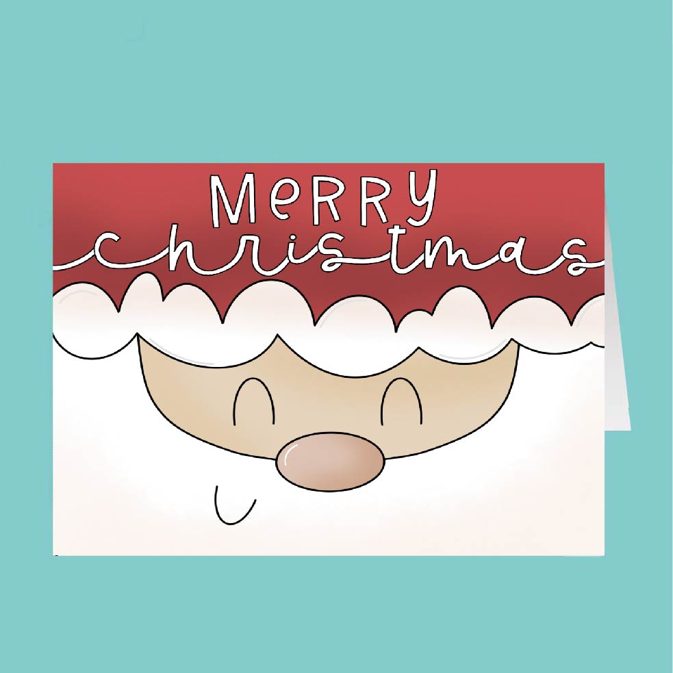 Cartoon Santa face with 'Merry Christmas' text on a teal background