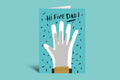 Greeting card with illustration of a hand and text 'Hi Five Dad' on a green background