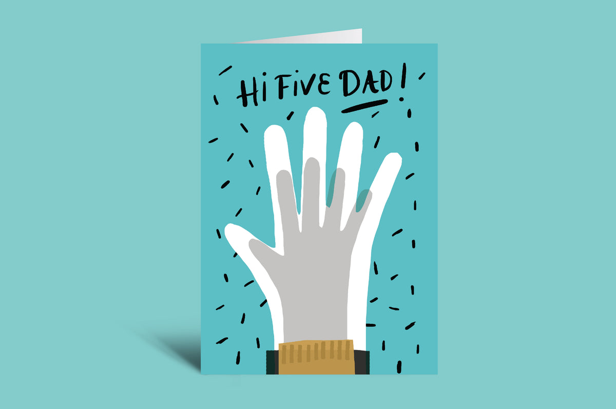 Greeting card with illustration of a hand and text 'Hi Five Dad' on a green background