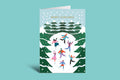 Greeting card with illustrations of hands holding gifts, a cake, and a bottle, with 'Merry Friendsmas' text on a yellow background.