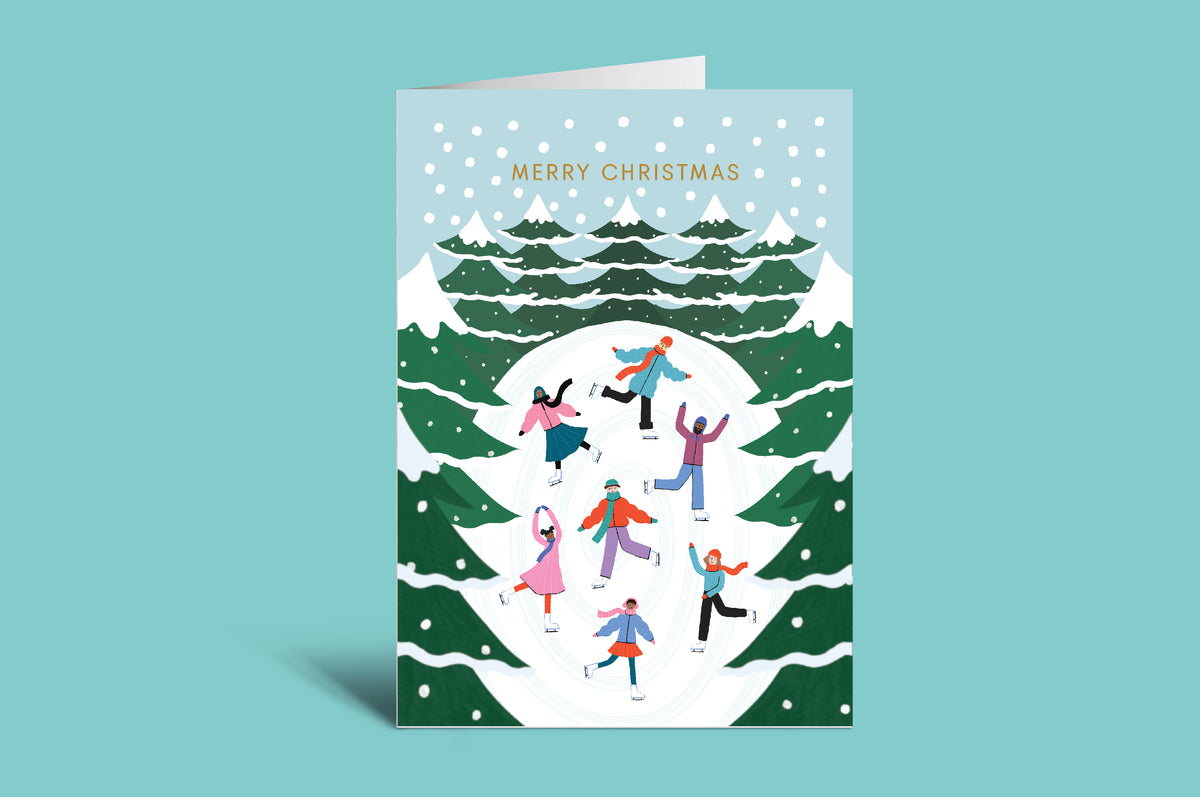 Greeting card with illustrations of hands holding gifts, a cake, and a bottle, with 'Merry Friendsmas' text on a yellow background.