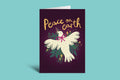 Greeting card with a dove and 'Peace on Earth' text on a teal background