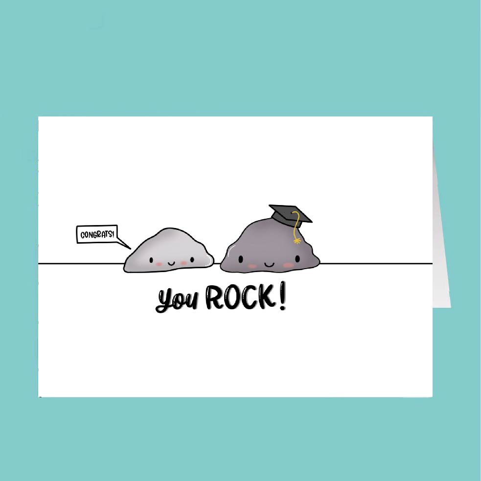 Cartoon cloud with a graduation cap and 'you ROCK!' text on a teal background