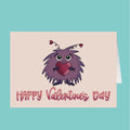 Valentine's Day card with a purple creature holding a heart and 'Happy Valentine's Day' text on a beige background.