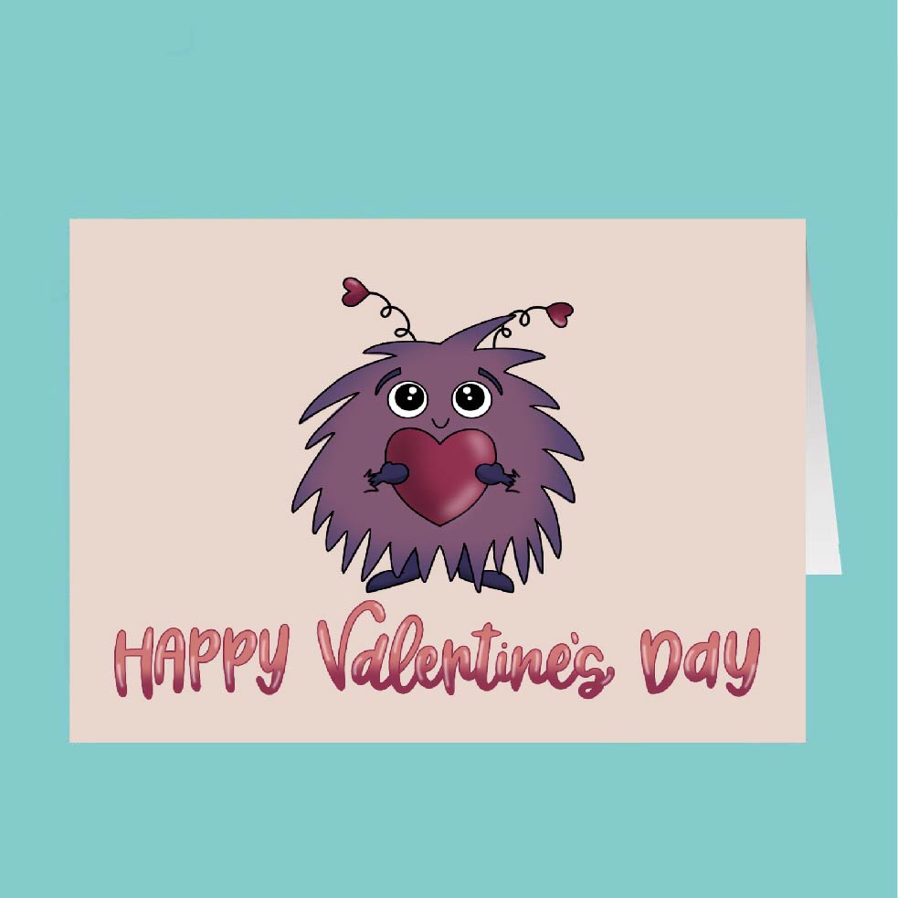 Valentine's Day card with a purple creature holding a heart and 'Happy Valentine's Day' text on a beige background.