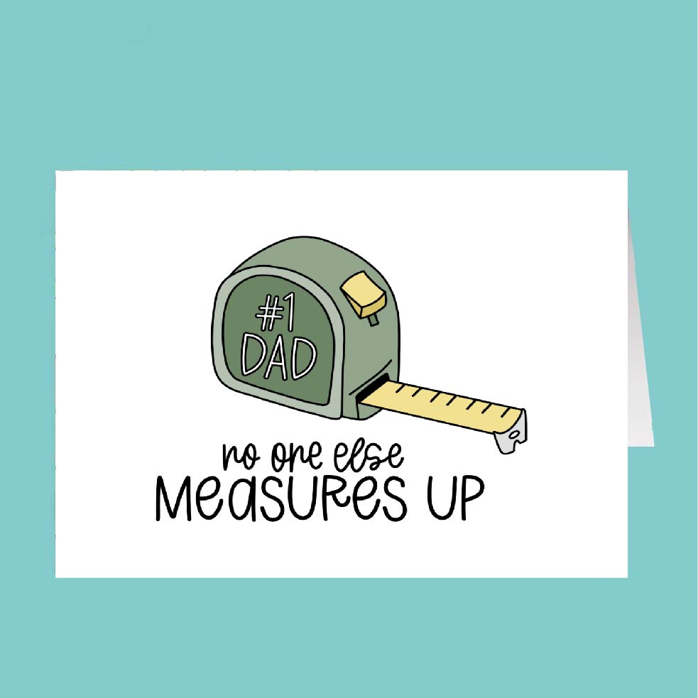 Card with a tape measure illustration and text 'No one else measures up' on a teal background