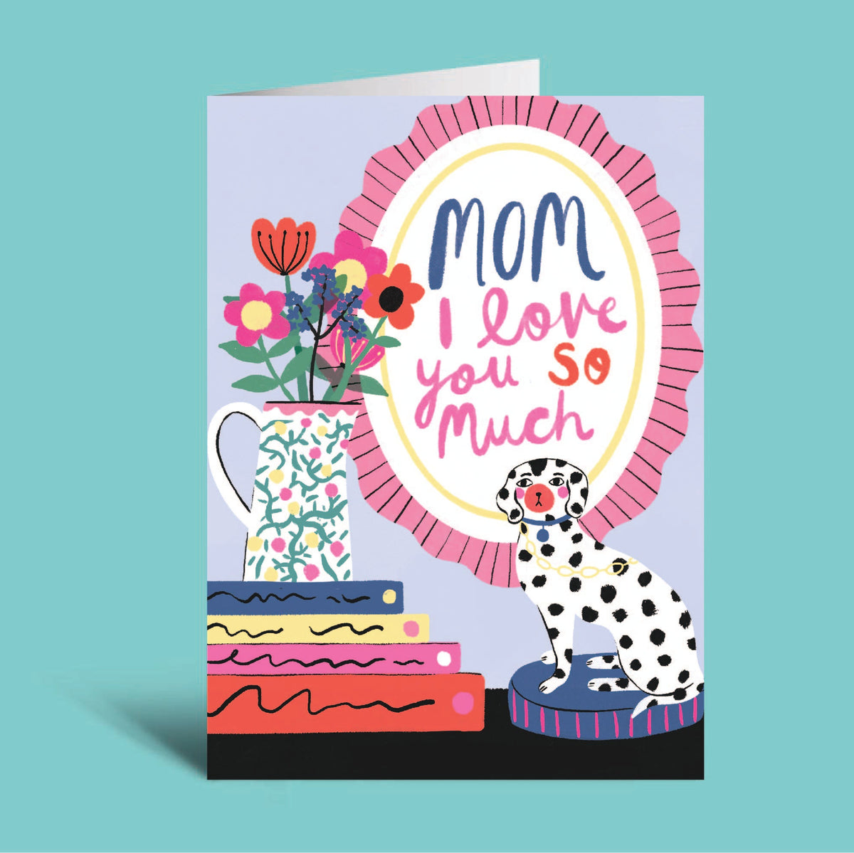 Colorful greeting card with a dog, flowers, and text on a light green background