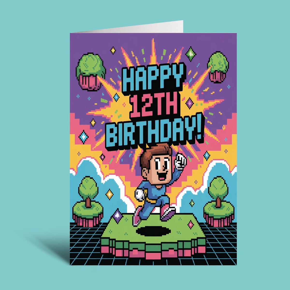 A retro 8-bit pixel art birthday card standing upright against a solid light blue background. The card features a colorful design with the text 'HAPPY 12TH BIRTHDAY!' in a pixelated font, a pixelated character jumping on a platform, and small pixelated trees on a purple, pink, and yellow gradient background.