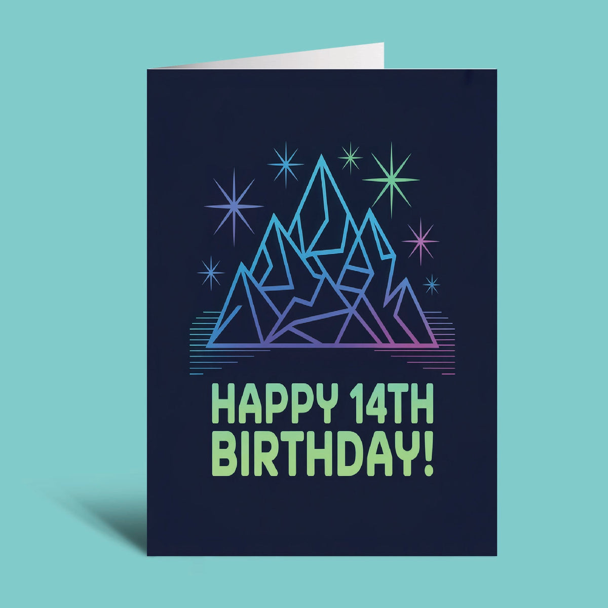 A dark navy blue greeting card with a colorful geometric mountain design and the text 'HAPPY 14TH BIRTHDAY!' in neon green, shown on a light aqua background.