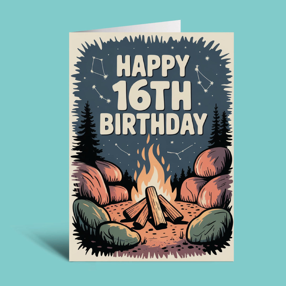 A vertical greeting card standing upright against a solid light blue background. The card features an illustrated campfire scene with the text 'HAPPY 16TH BIRTHDAY' in large cream letters against a dark blue sky with stars and constellations.