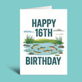 A folded white birthday card standing upright on a light aqua background. The card reads “HAPPY 16TH BIRTHDAY” in large dark teal letters and features a small illustrated scene of fish in a pond with reeds and clouds.