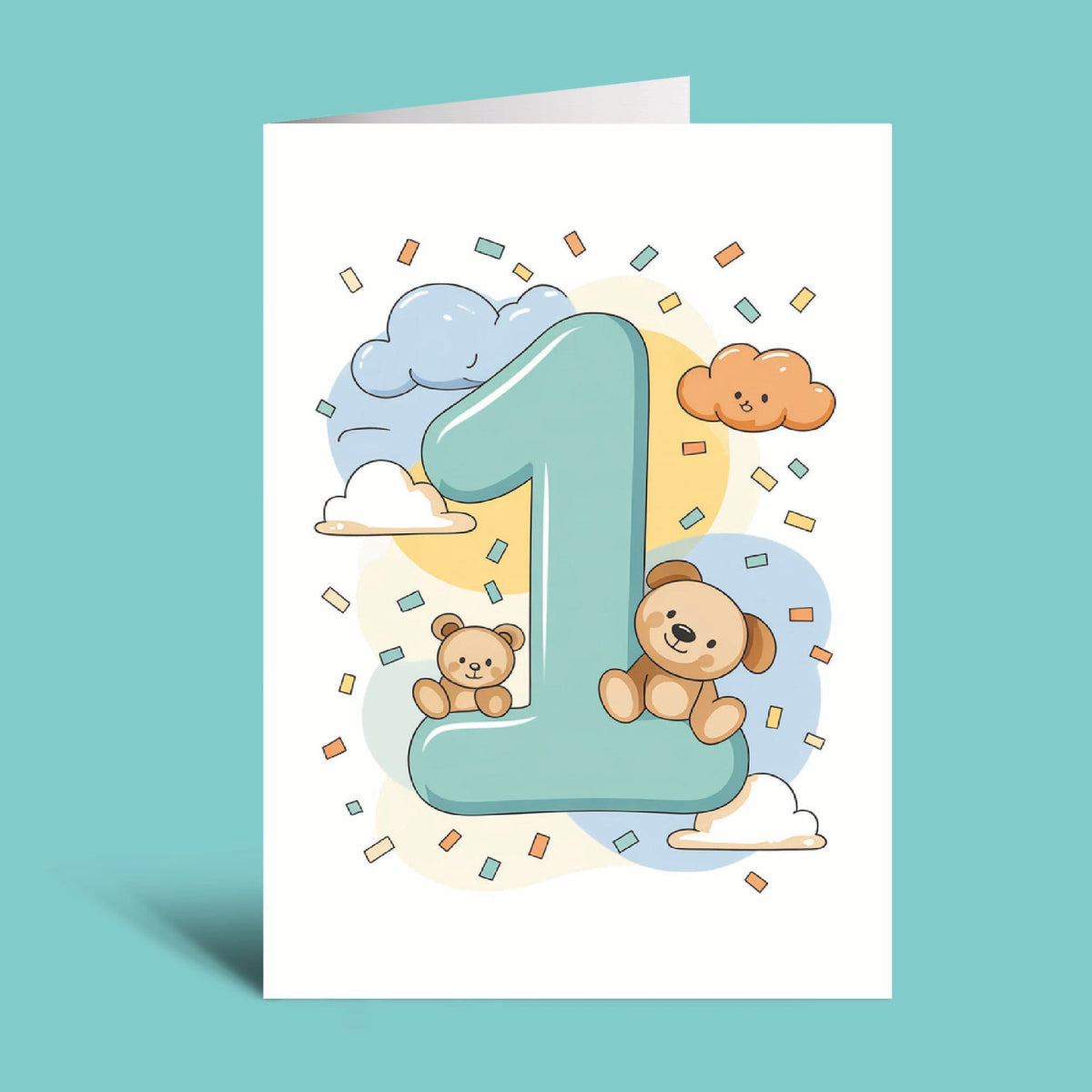 A white greeting card with a cute first birthday illustration, featuring a large number 1, teddy bears, clouds, and confetti on a light blue background.