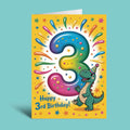 A yellow birthday card with a colorful number 3, confetti, stars, and a cartoon dinosaur wearing a party hat, with the text 'Happy 3rd Birthday!' on a light blue background.