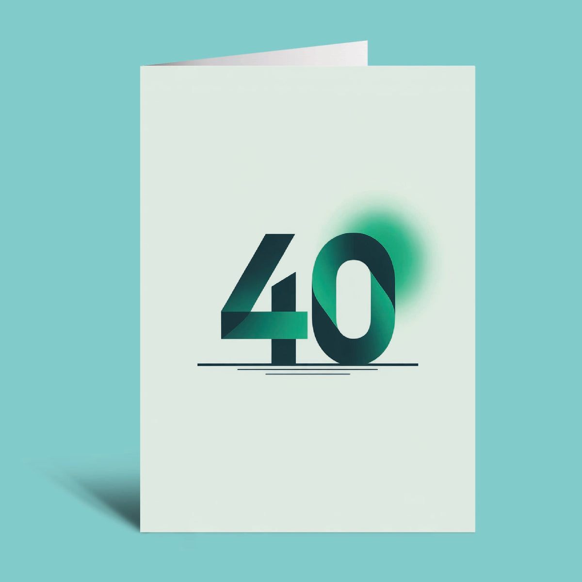 A minimalist 40th birthday greeting card with a white background and a bold green-to-teal gradient '40' design, shown standing upright against a solid light teal background.