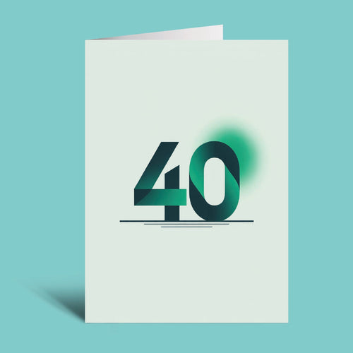A minimalist 40th birthday greeting card with a white background and a bold green-to-teal gradient '40' design, shown standing upright against a solid light teal background.