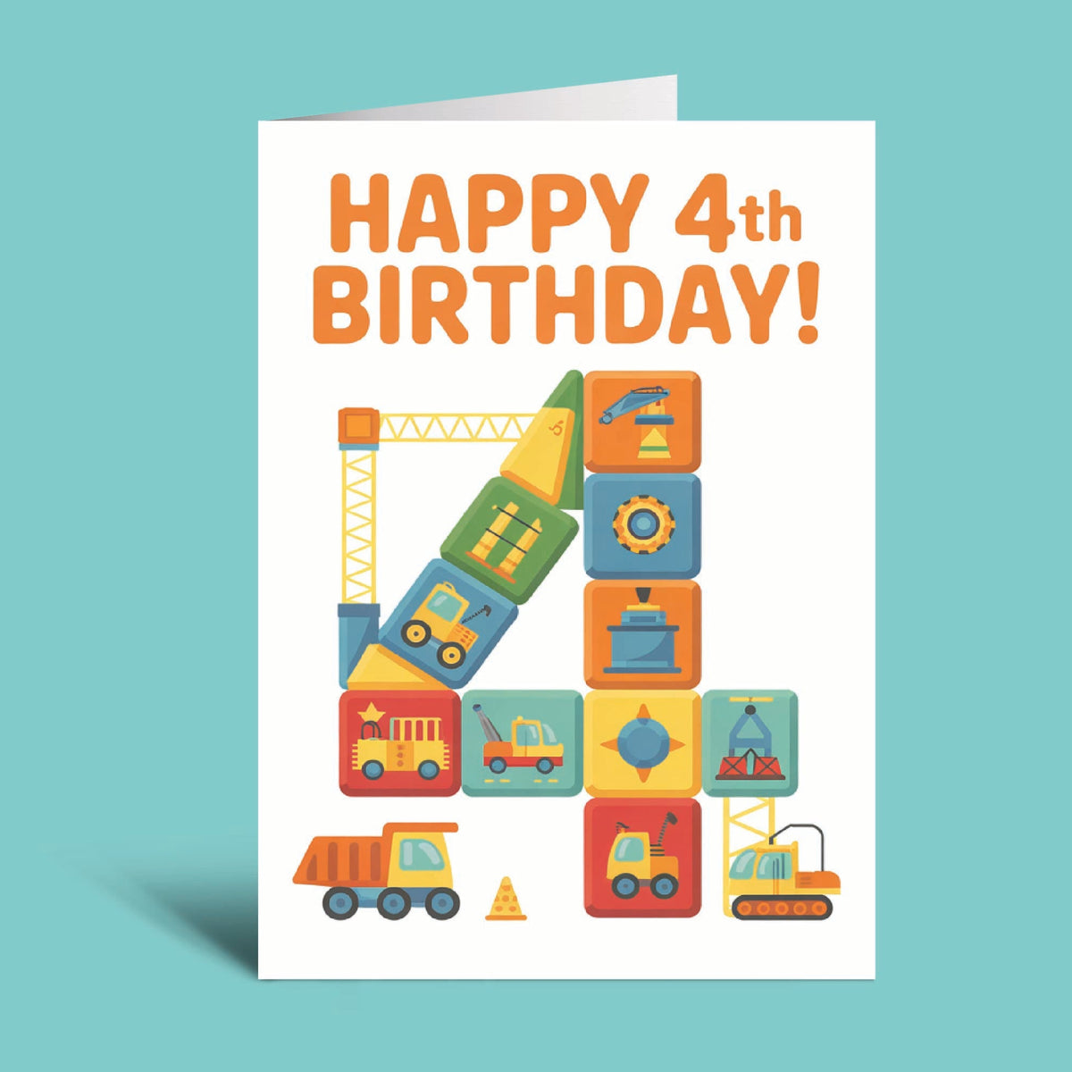 A white birthday card standing upright on a light blue background. The card reads 'HAPPY 4th BIRTHDAY!' in orange text and features a large letter K constructed from colorful toy-like construction vehicles and blocks, including a crane, truck, car, and excavator.