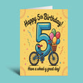 A 5th birthday greeting card featuring a retro-style illustration of a blue bicycle with balloons and a large number 5 on a yellow background, set against a solid light blue backdrop.
