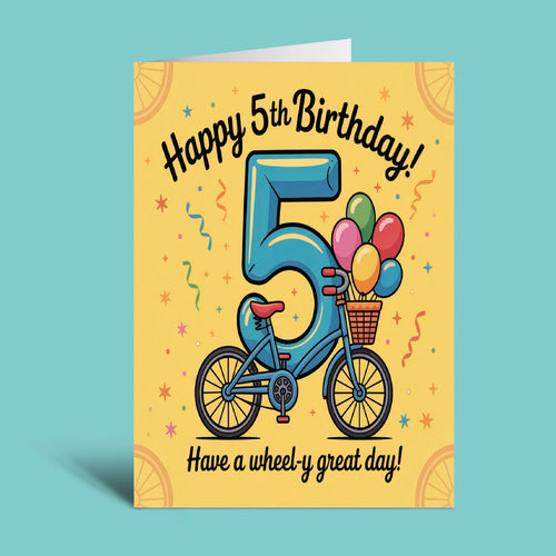 A 5th birthday greeting card featuring a retro-style illustration of a blue bicycle with balloons and a large number 5 on a yellow background, set against a solid light blue backdrop.