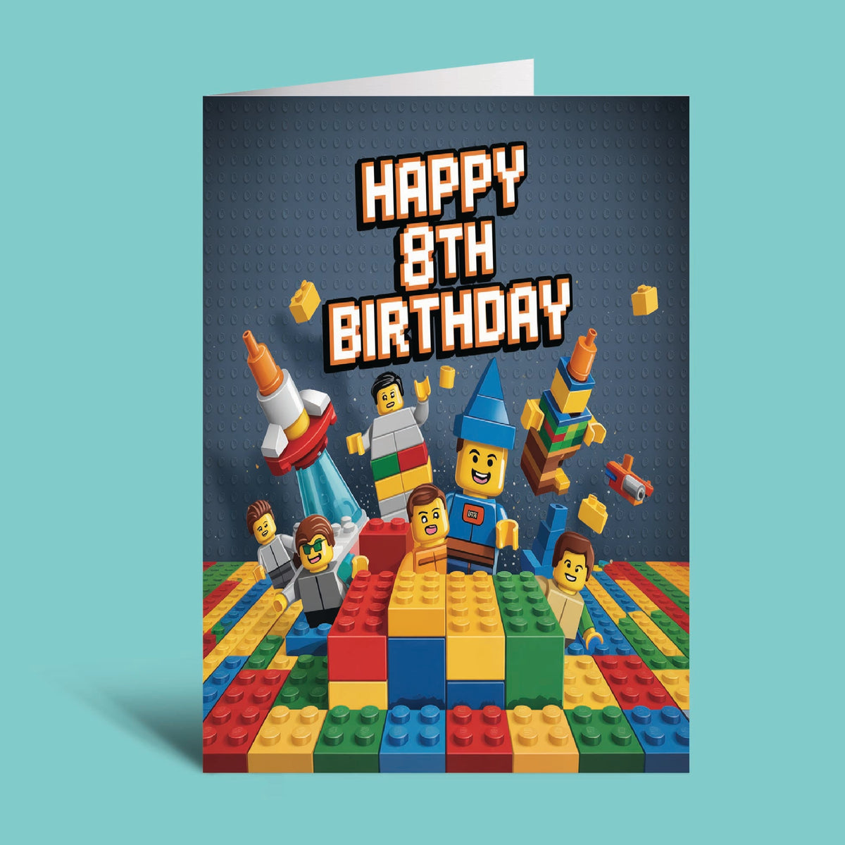 An 8th birthday greeting card featuring a Lego-themed design with the text 'HAPPY 8TH BIRTHDAY' on a light blue background.