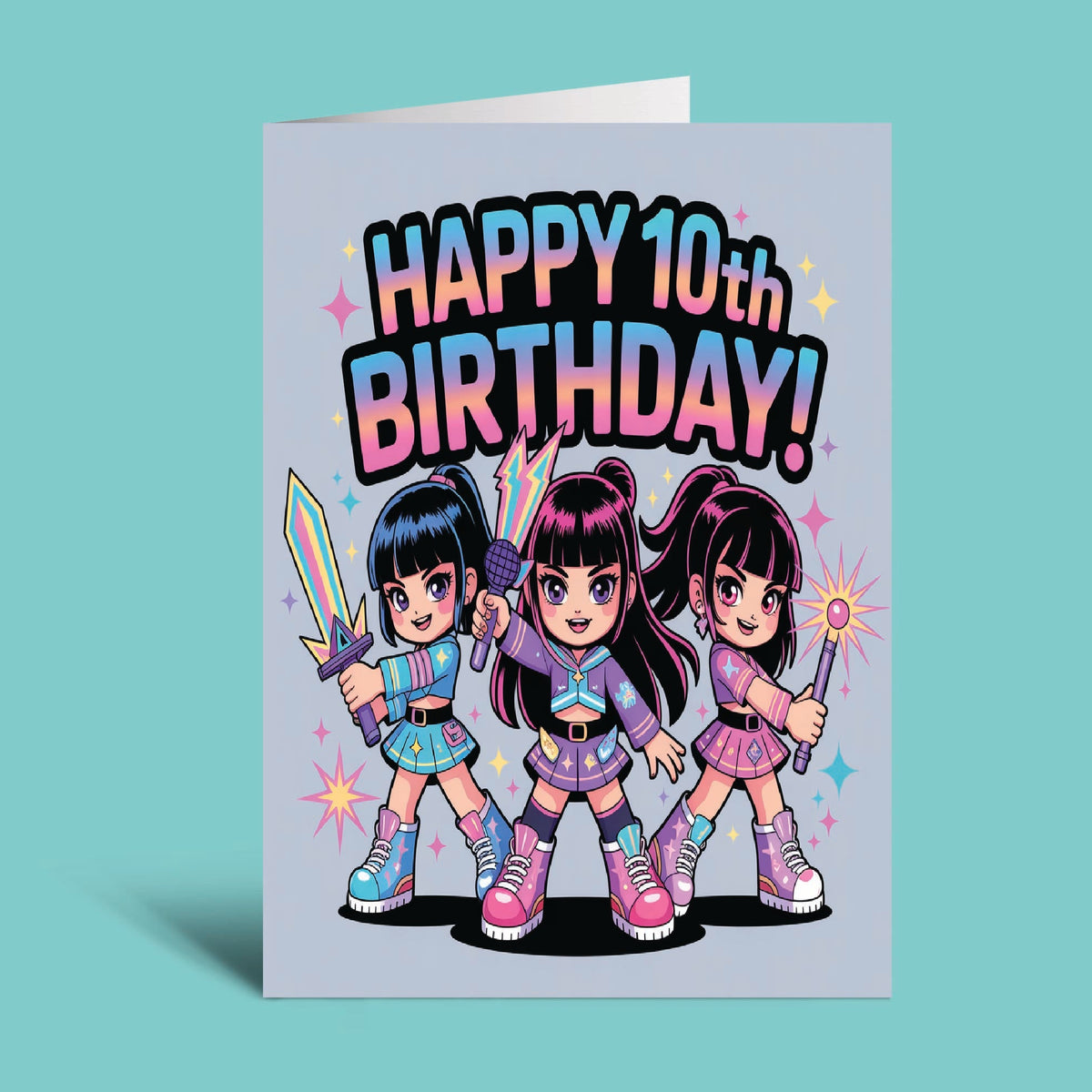 A 10th birthday greeting card featuring three cartoon girls in colorful outfits holding sparkles and a sword, with the text 'HAPPY 10th BIRTHDAY!' in a rainbow gradient. The card is shown standing upright against a solid teal background.