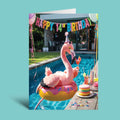 A greeting card featuring a colorful poolside birthday scene with a pink flamingo on a donut float, a birthday banner reading 'Happy 14th Birthday,' and a cake on a table, shown against a solid teal background.