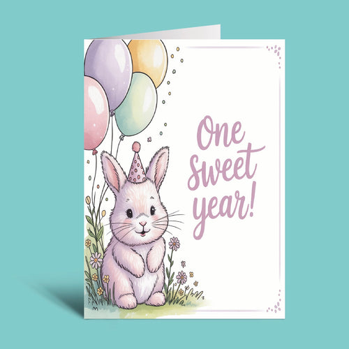A children's first birthday greeting card featuring a cute watercolor-style white bunny wearing a party hat, surrounded by pastel balloons and small flowers, with the text 'One Sweet Year!' on a white card against a teal background.
