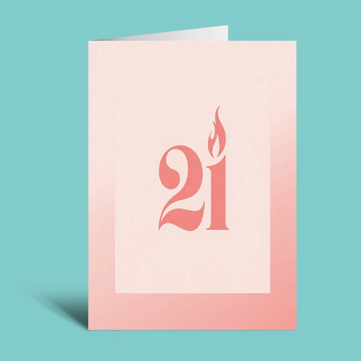 A minimalist greeting card or art print with a pale pink background, featuring the number 21 stylized in coral-red with a flame motif, shown standing against a solid turquoise background.