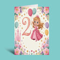 A vertical 2nd birthday greeting card featuring a whimsical fairy tale princess illustration, a large decorative number 2, balloons, stars, a castle, and floral borders, shown against a solid light teal background.
