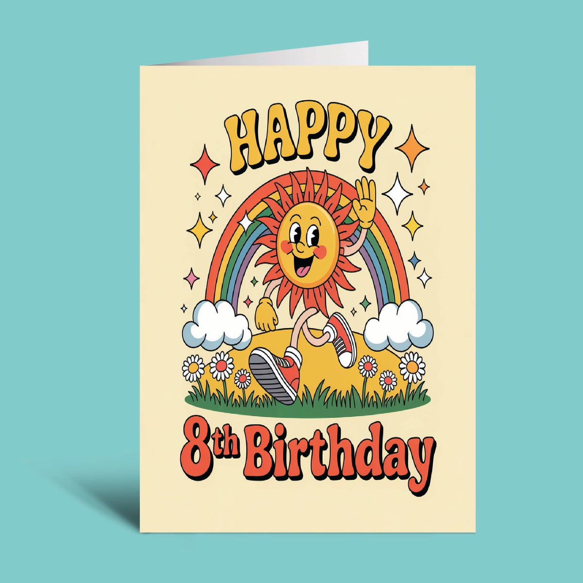 An 8th birthday greeting card with a retro-style illustration of a smiling sun, rainbow, clouds, and flowers on a cream background, set against a solid teal backdrop.