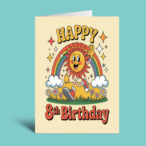An 8th birthday greeting card with a retro-style illustration of a smiling sun, rainbow, clouds, and flowers on a cream background, set against a solid teal backdrop.