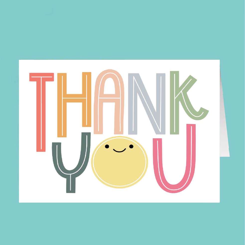 Colorful 'THANK YOU' card with a smiley face on a teal background