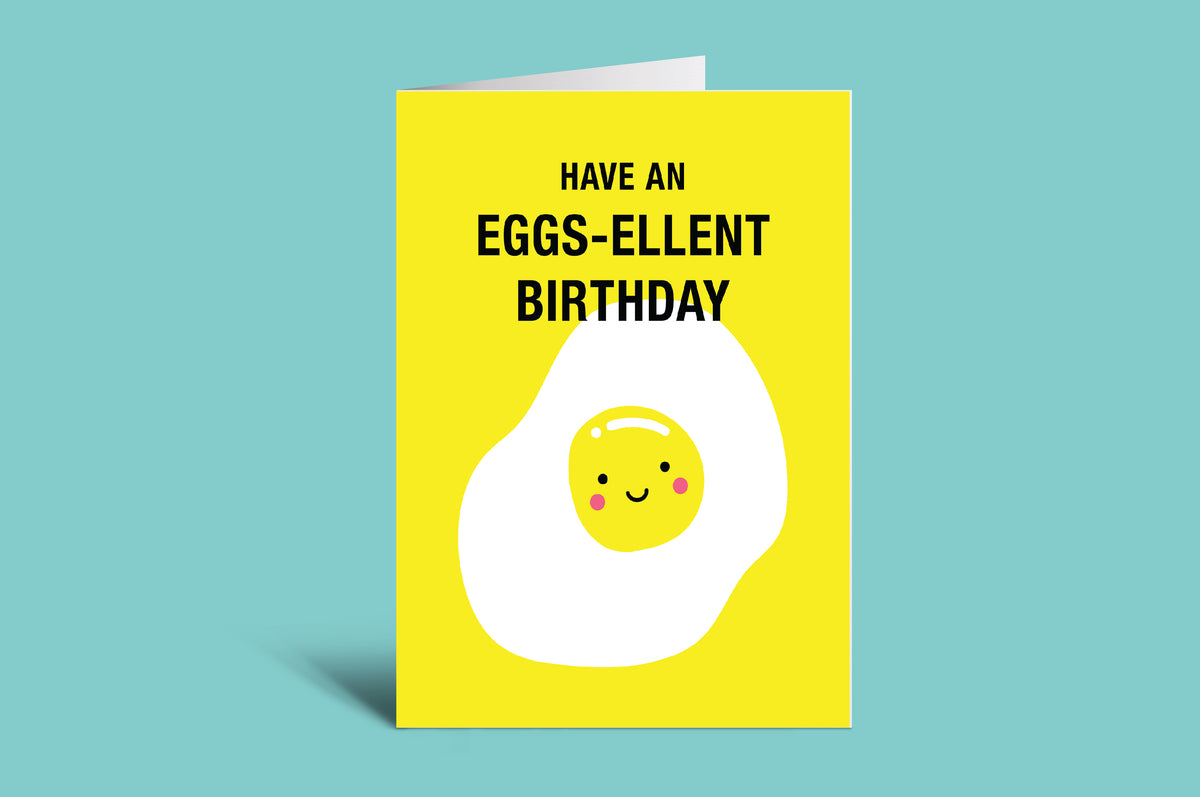 Greeting card with a smiling egg illustration and text on a green background