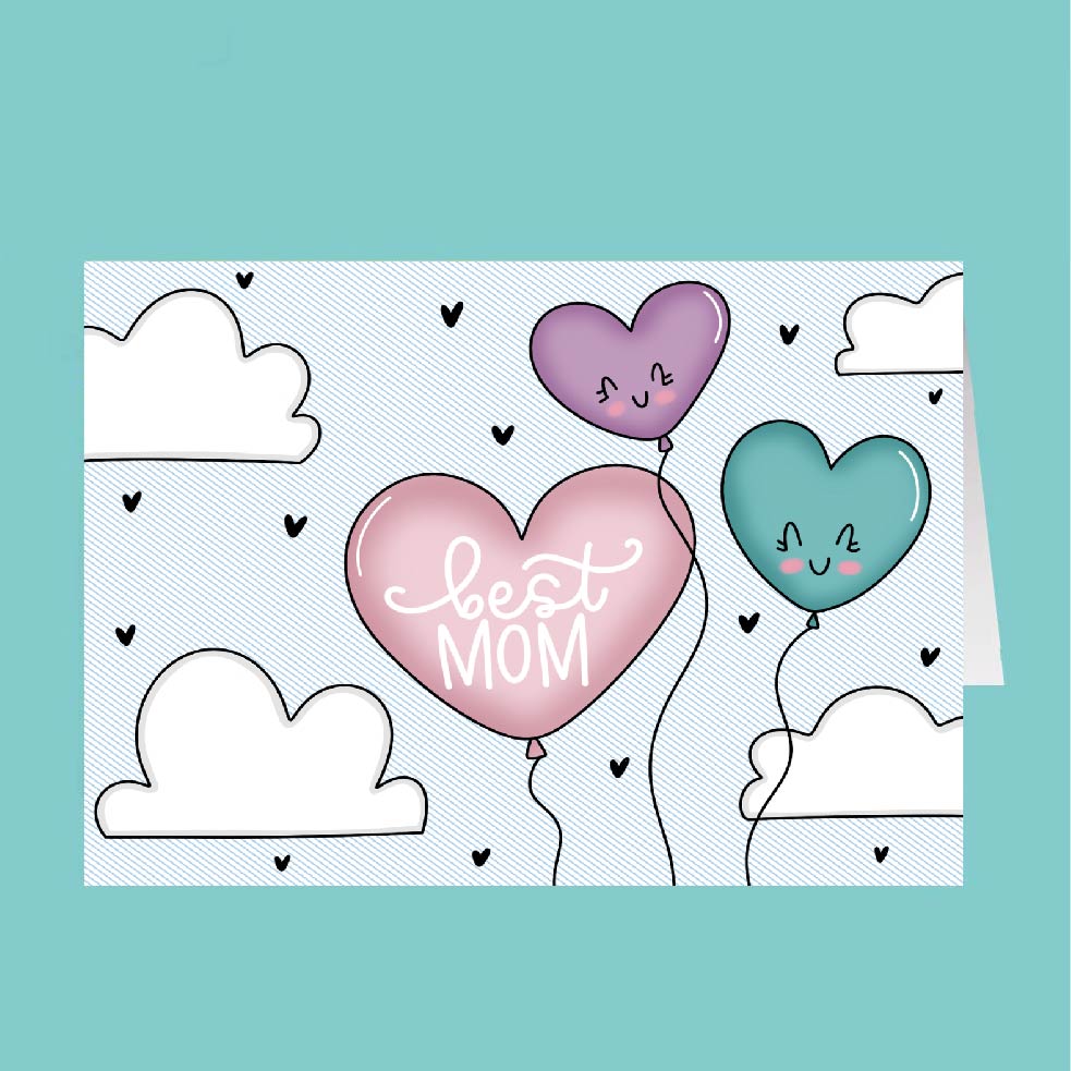 Card with heart-shaped balloons and 'best mom' text on a teal background