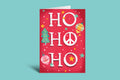 Christmas card with 'HO HO HO' text and festive graphics on a pink background