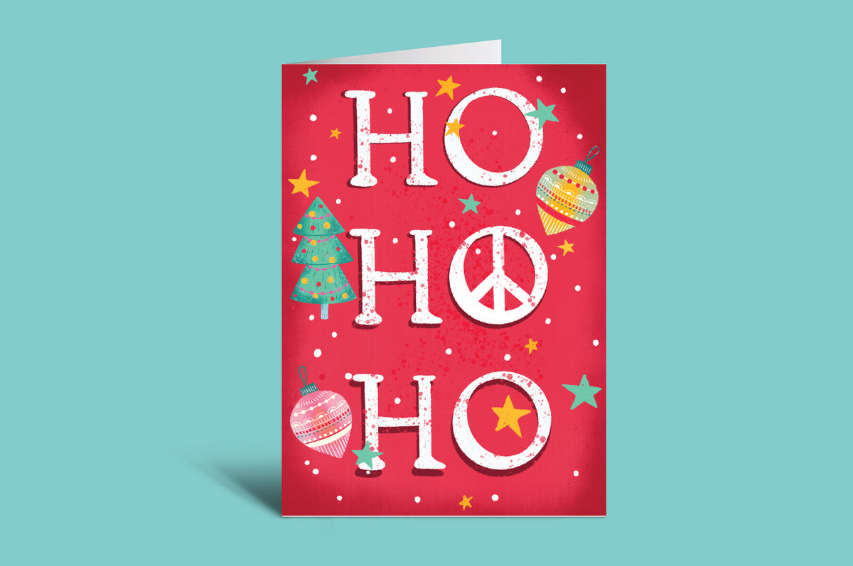 Christmas card with 'HO HO HO' text and festive graphics on a pink background