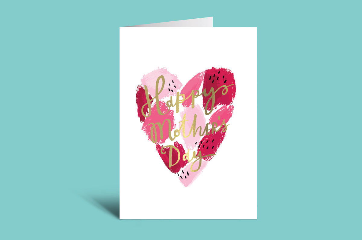 Greeting card with pink heart and 'Happy Mother's Day' text on a green background