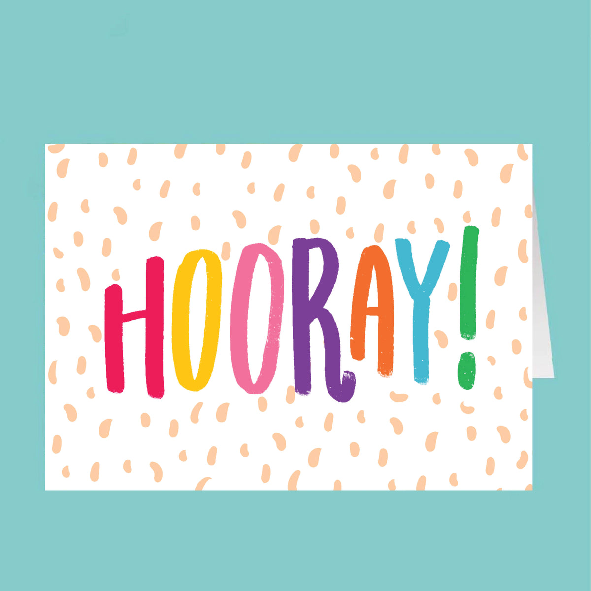 Colorful 'HOORAY!' text on a white background with orange dots, against a teal border.