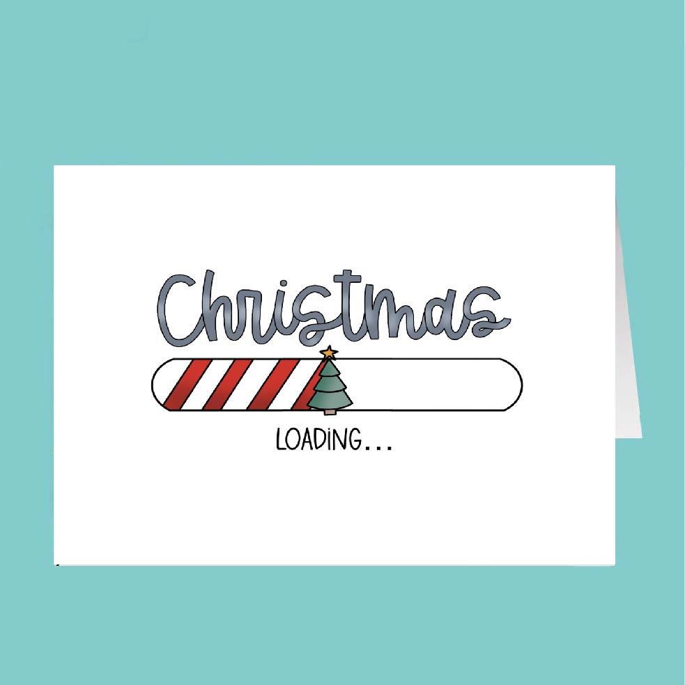 Card with 'Christmas Loading' text and Christmas tree design on a teal background
