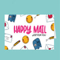 Card with 'Happy Mail Just For You' text and smiley face illustrations on a teal background