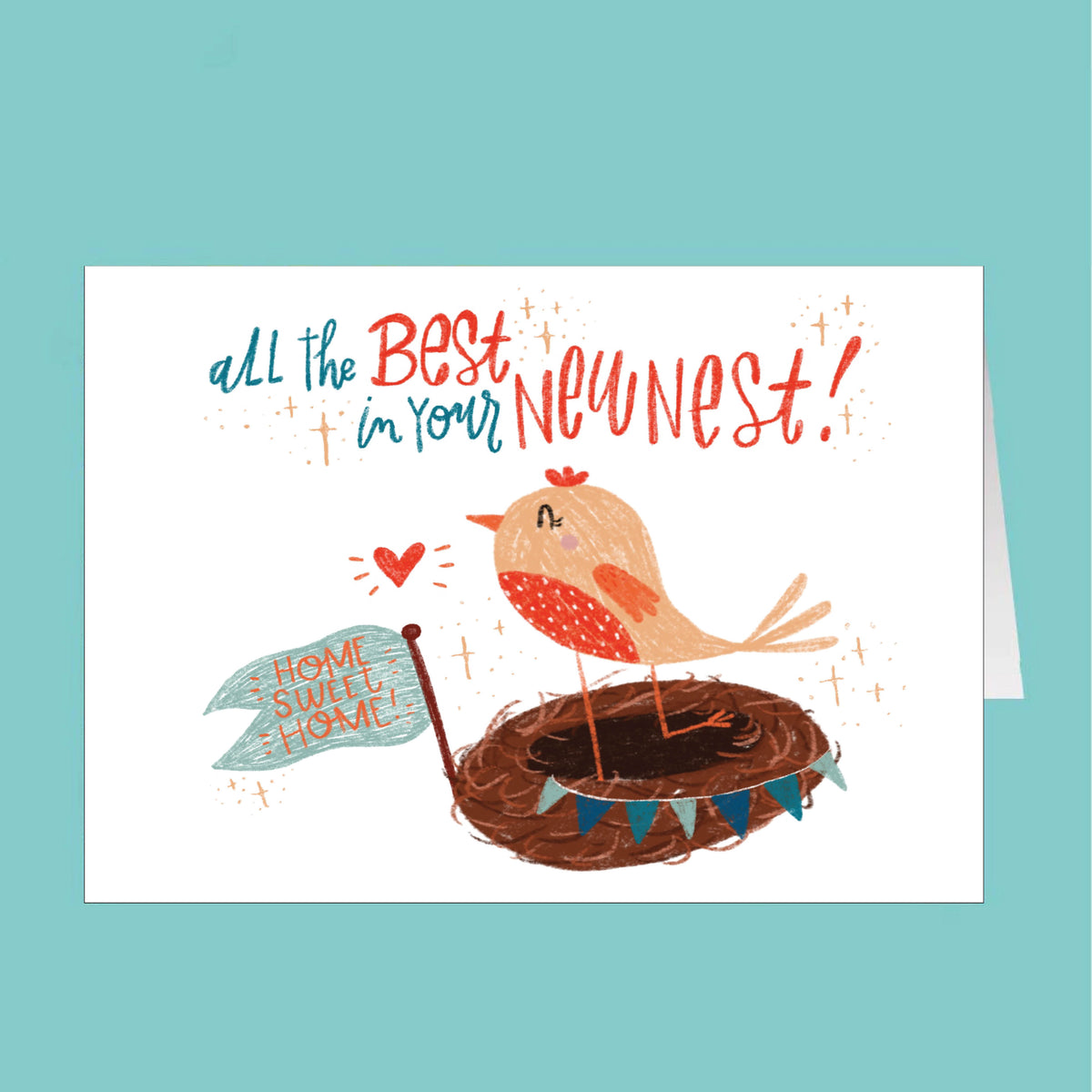 Card with a bird in a nest and text 'all the best in your new nest' on a teal background