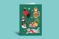 Greeting card with illustrations of cats in festive attire on a green background