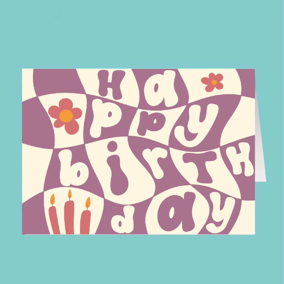 Birthday card with colorful text and graphics on a teal background